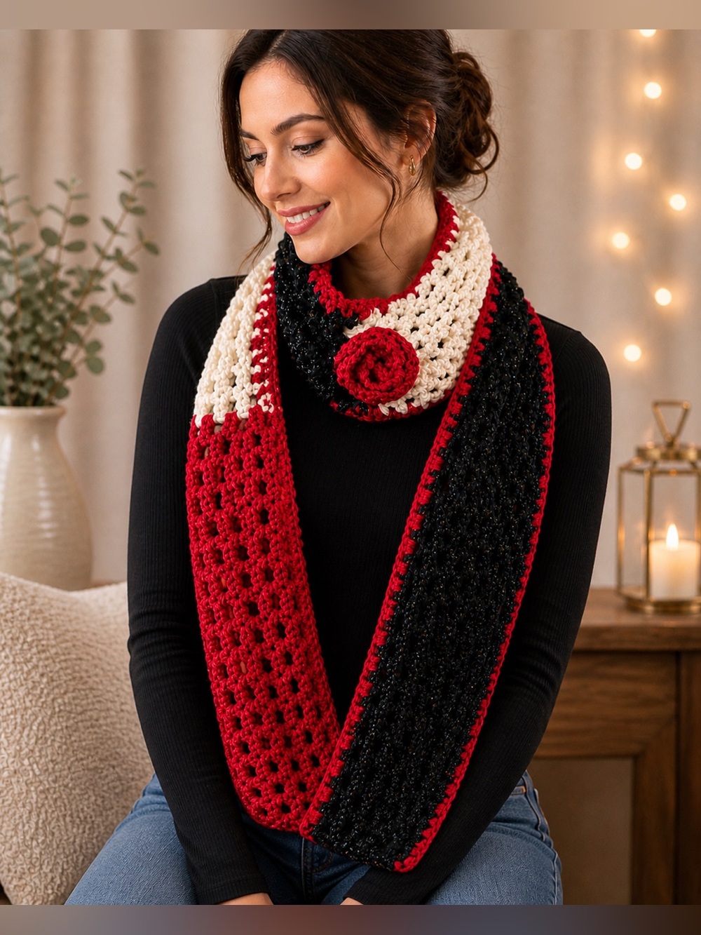 Cruella Deville Inspired Handmade Crochet Infinity Scarf With  Flower Brooch